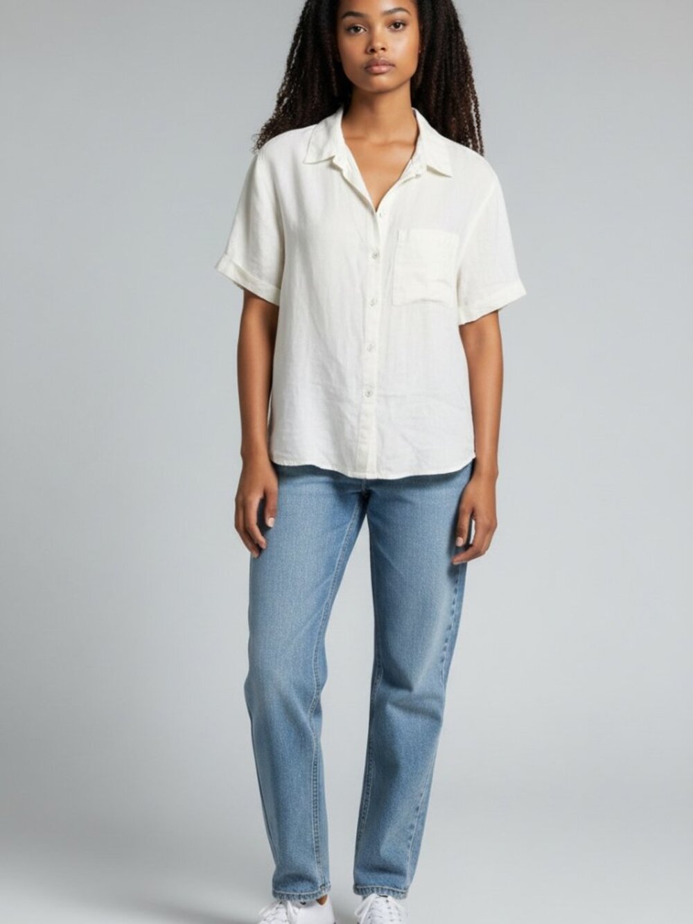 MNG / Mango 100% Linen White Short-Sleeve Button-Up – Men M / Women L- MSRP $80
